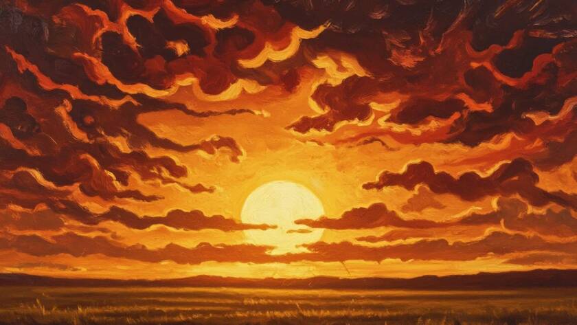 Painted illustration of the light of life, a sunrise breaking over a quiet field as a dark night lifts