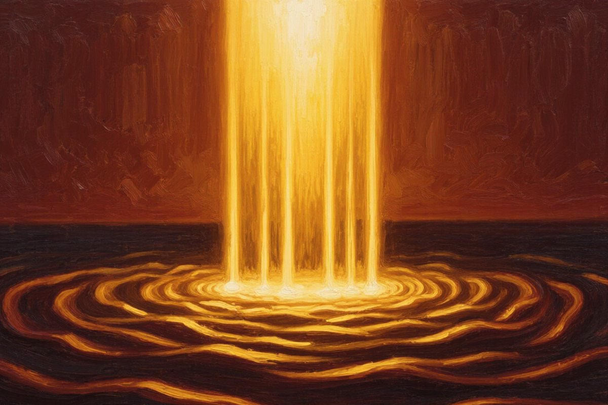 Painted illustration of the first light of creation breaking over dark, formless waters before the sun
