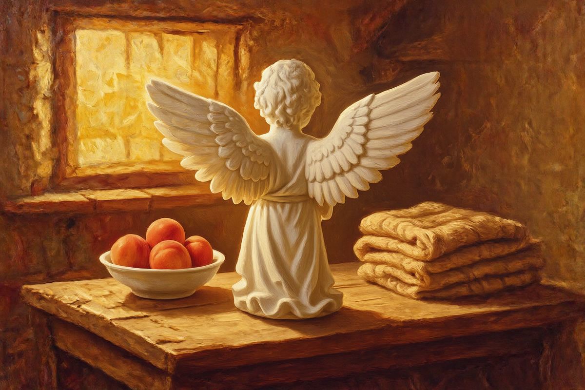 Painted illustration of a small porcelain angel seen from behind beside a folded blanket and a bowl of peaches