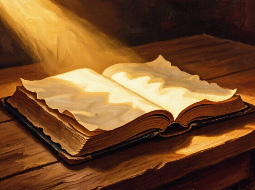 Painted illustration of an open Bible beneath a warm beam of light, a symbol of grace and truth