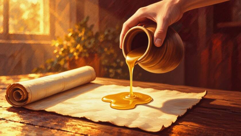 Painted illustration of a glowing flask of oil pouring over an open scroll, Jesus unchanging anointing