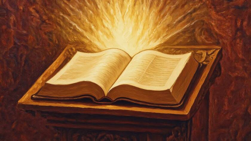 Painted illustration of an open Bible radiating golden light, reflecting the truth that he is the Scriptures