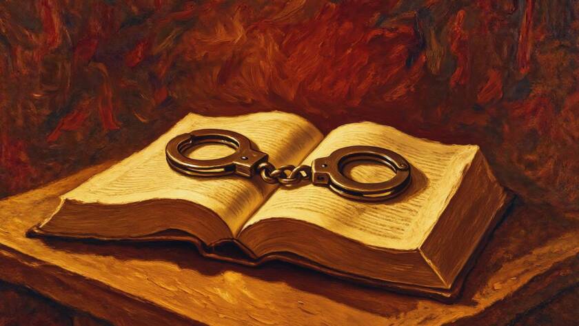 Painted illustration of broken iron handcuffs on an open Bible, from the John Jacobs message on faith