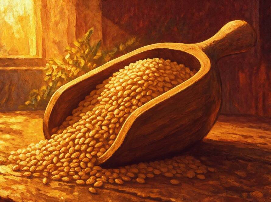 Painted illustration of an overflowing measure of grain pressed down and running over for the kingdom economy sermon