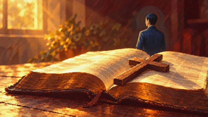 Painted illustration of an open Bible glowing in warm light beside a cross for a sermon on the grace of faith