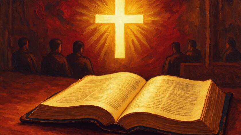 Painted illustration of an open Bible beneath a radiant cross, illustrating how faith justifies
