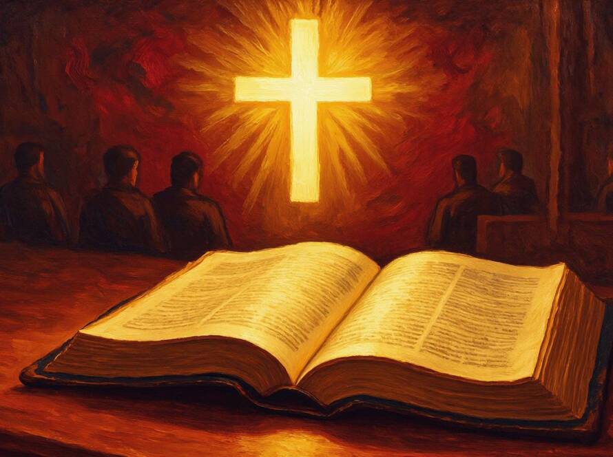 Painted illustration of an open Bible beneath a radiant cross, illustrating how faith justifies