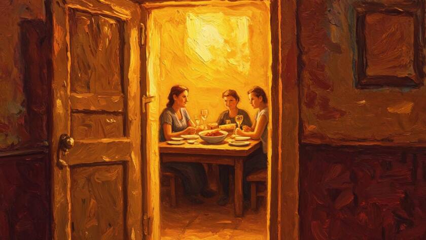 Painted illustration of an open door into a warmly lit home with a table set, god rewards faith