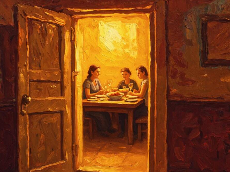 Painted illustration of an open door into a warmly lit home with a table set, god rewards faith