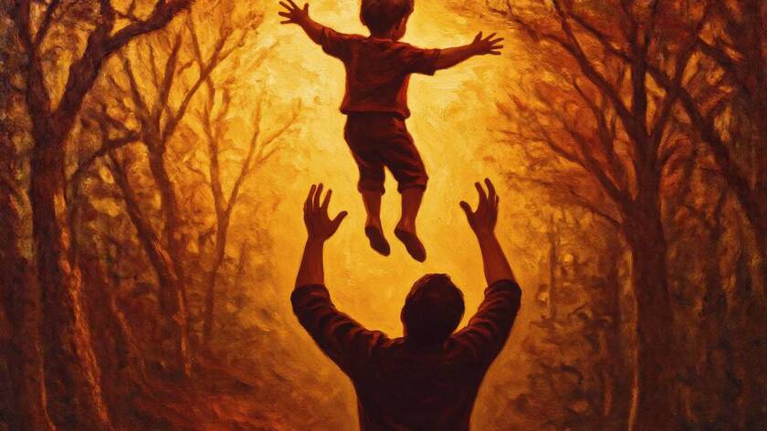 Painted illustration of a child leaping from a tree into a father's arms for the faith and believing sermon