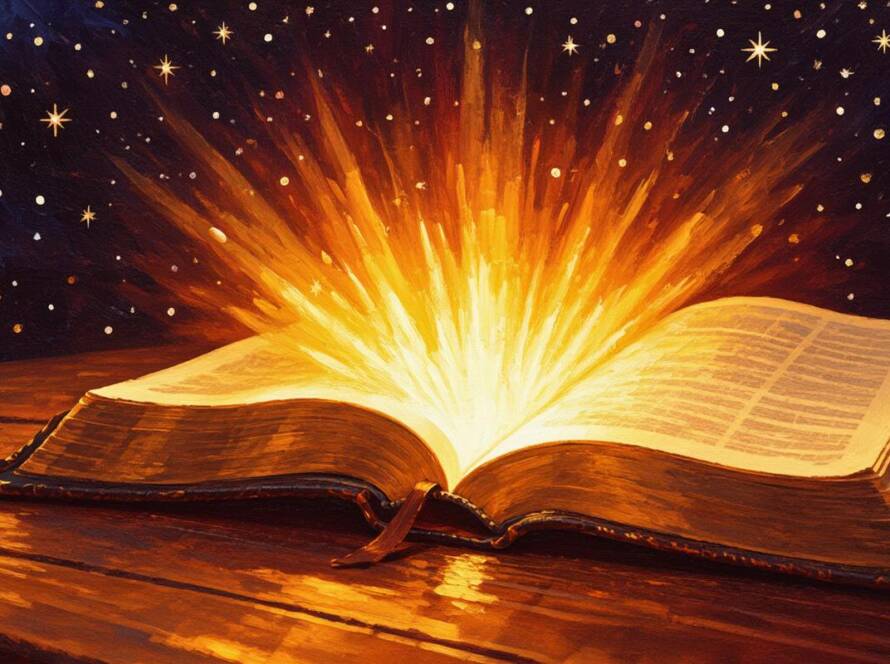Painted illustration of an open Bible beneath a starry sky with golden light rising for the kingdom faith sermon