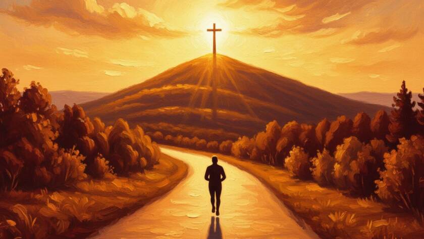 Painted illustration of a lone runner on a sunlit path toward a radiant cross for the kingdom faith sermon