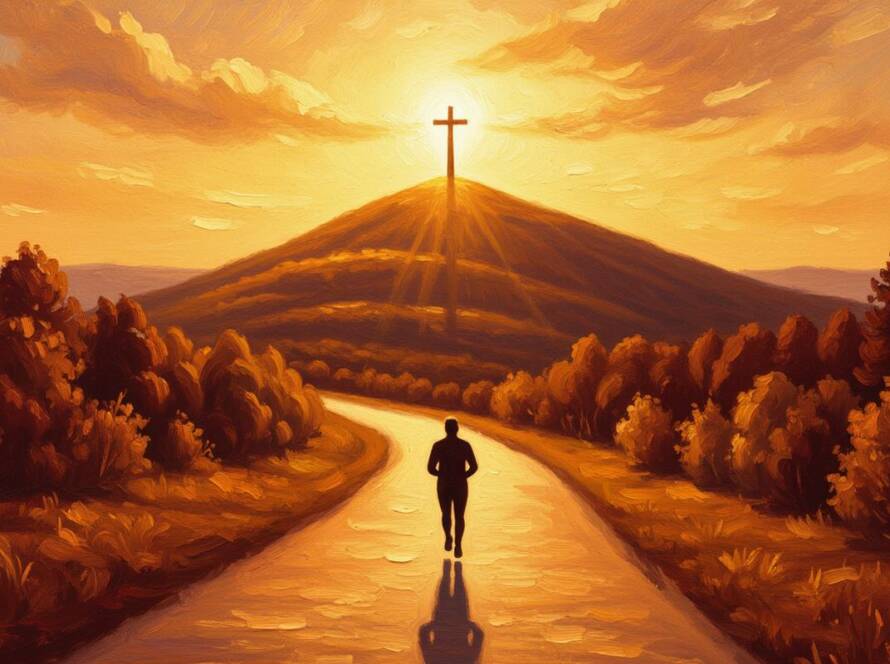 Painted illustration of a lone runner on a sunlit path toward a radiant cross for the kingdom faith sermon