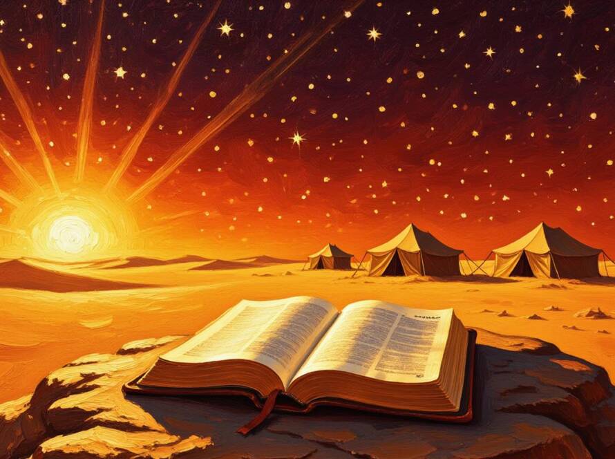 Painted illustration of an open Bible beneath a starry sky over desert tents, symbolizing kingdom faith