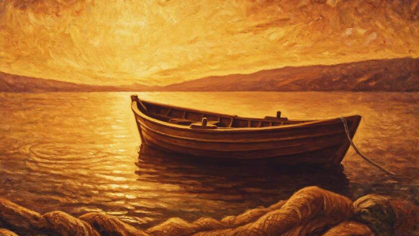 Painted illustration of Simon Peter's boat on a lake at dawn, a call to go fishing for souls