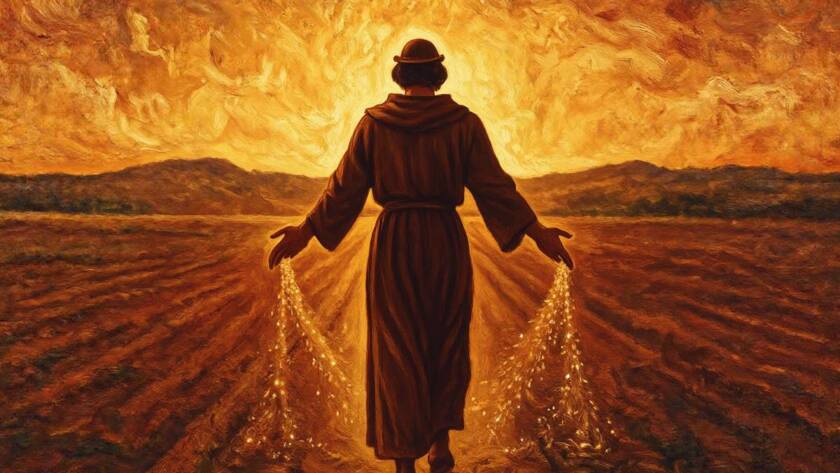 Painted illustration of a sower scattering seed across a golden field, picturing the grace that abounds