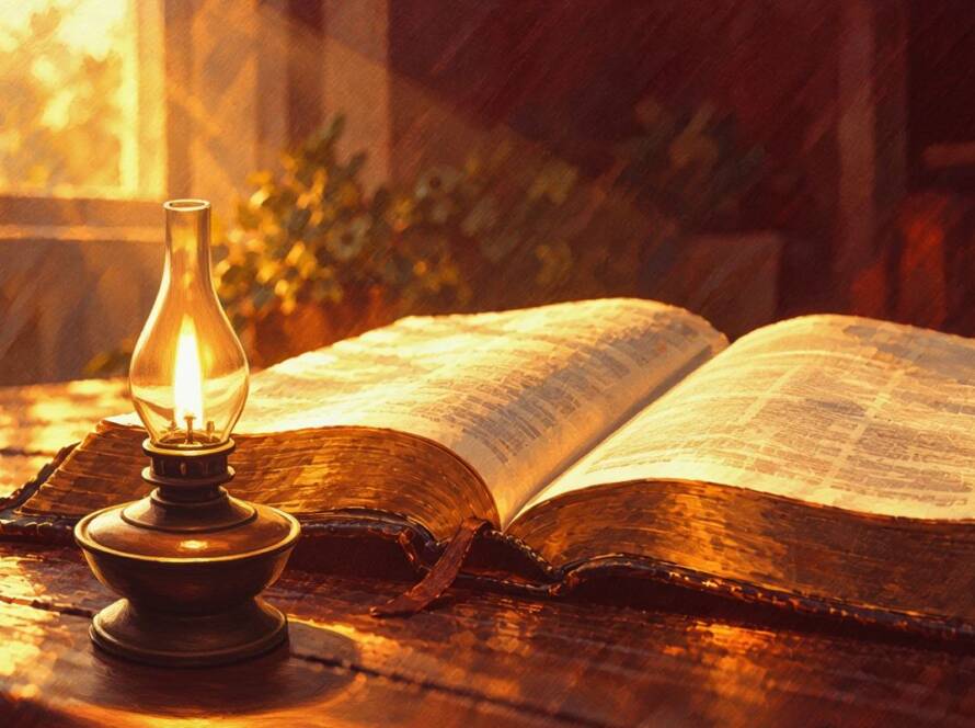 Painted illustration of a lamp glowing over an open Bible on a quiet table for the divine nature sermon