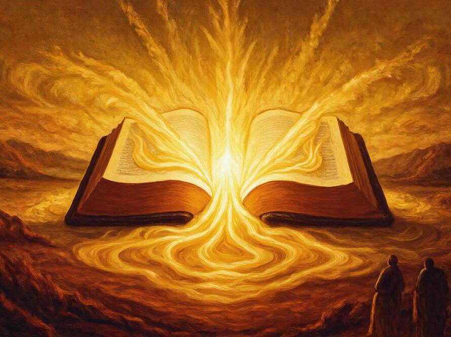 Painted illustration of light flowing from an open Bible into a dark world, the divine nature sermon