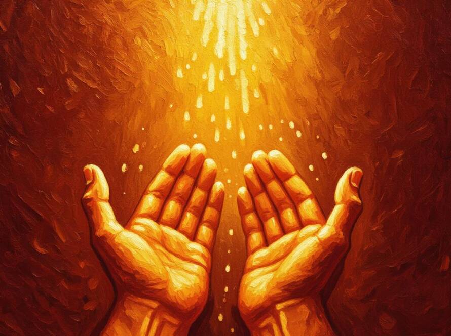 Painted illustration of open hands receiving a softly glowing gift of light, motivational gifts