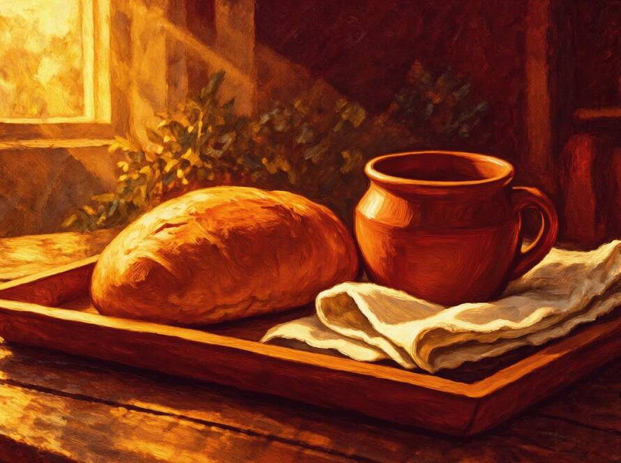 Painted serving tray with bread, a cup and a towel in warm light, illustrating the motivational gifts of serving