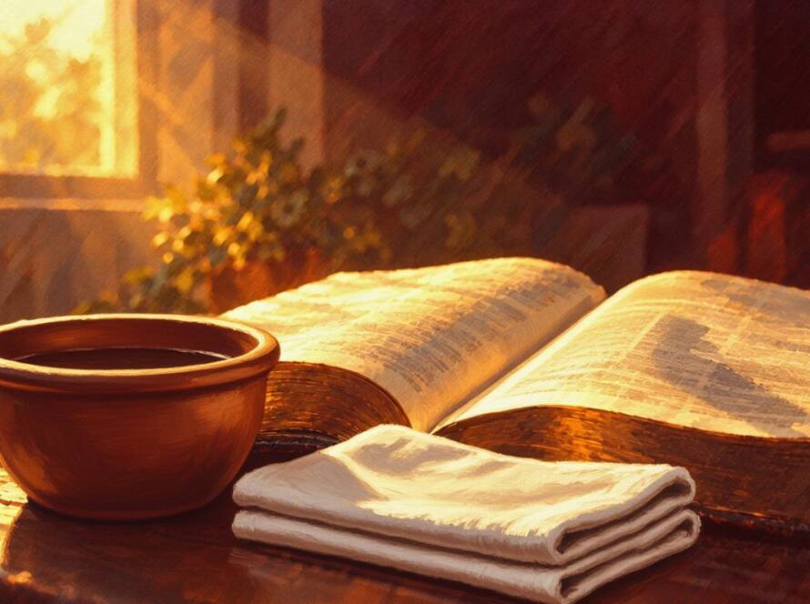 Painted illustration of a basin and towel beside an open Bible for a sermon on the motivational gifts