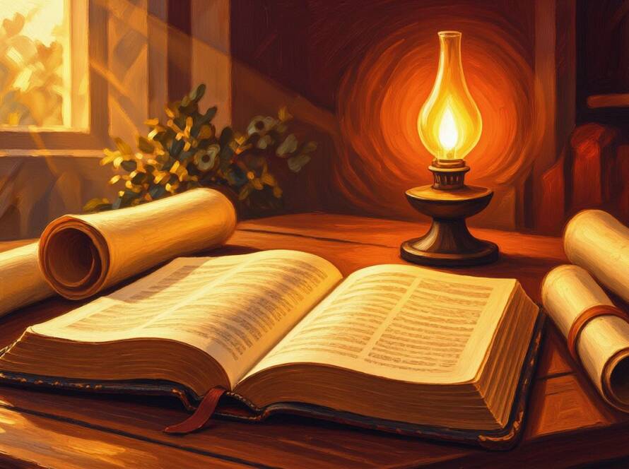 Painted illustration of an open Bible, scrolls and a lamp on a study desk for the motivational gifts sermon