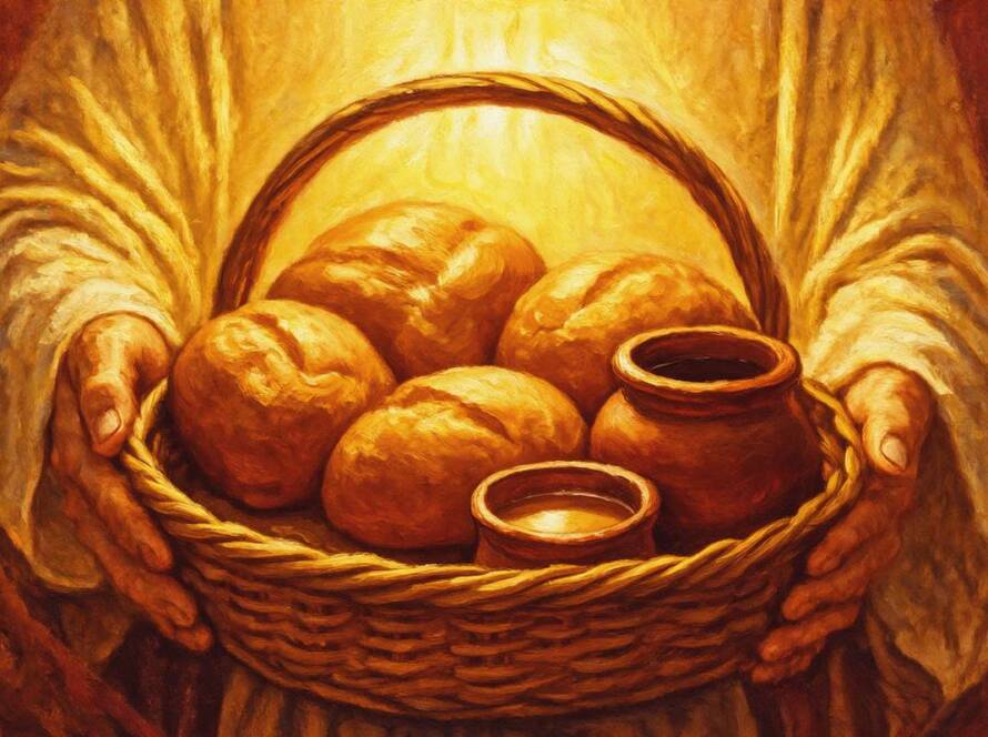 Painted illustration of open hands offering a basket of bread for the motivational gifts sermon on giving