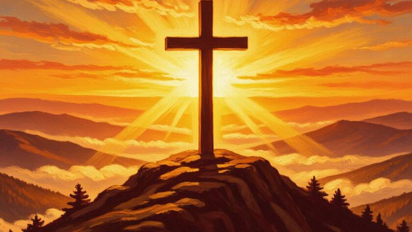 Painted illustration of an empty cross on a hill at sunrise for the divine exchange sermon
