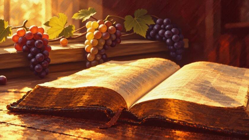 Painted illustration of an open Bible beside a fruitful grapevine at sunrise for the my dwelling place sermon