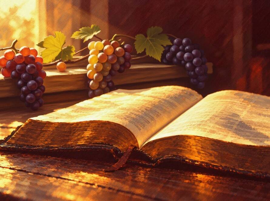 Painted illustration of an open Bible beside a fruitful grapevine at sunrise for the my dwelling place sermon