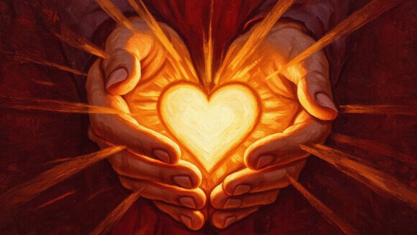 Painted illustration of open hands holding a glowing heart of light, showing nothing can separate us from God's love