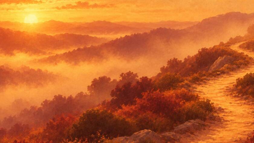 Golden path winding through misty mountains at sunrise