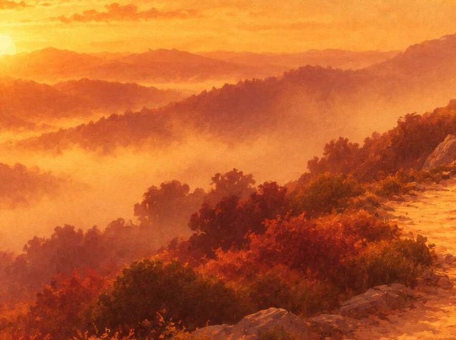 Golden path winding through misty mountains at sunrise