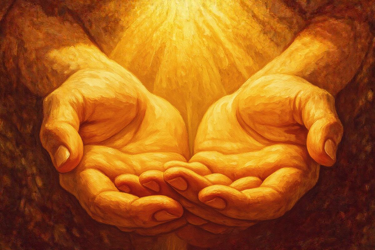 Painted illustration of a small hand resting safely inside a larger cupped hand of warm light