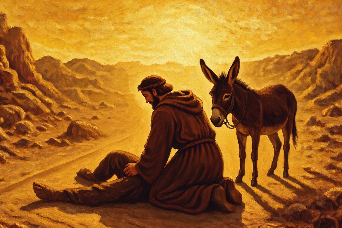 Painted illustration of a traveler kneeling on a desert road to bind the wounds of a beaten man beside a donkey