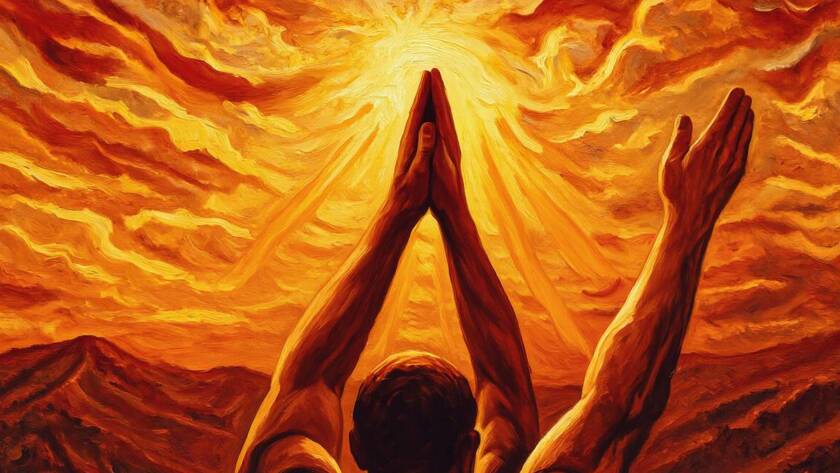 Painted illustration of open hands raised toward a warm sunrise, a prayer to our heavenly Father