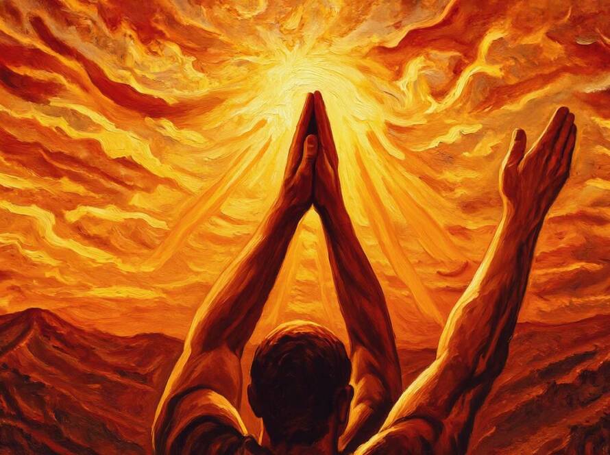 Painted illustration of open hands raised toward a warm sunrise, a prayer to our heavenly Father