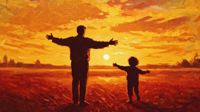 Painted illustration of a father's open arms welcoming a returning child at dawn for Our Heavenly Father