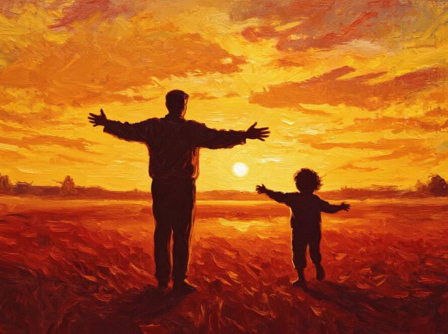 Painted illustration of a father's open arms welcoming a returning child at dawn for Our Heavenly Father