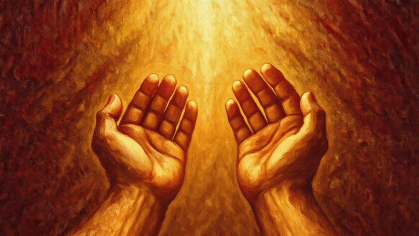 Painted illustration of open hands receiving golden light, picturing the grace of our heavenly Father