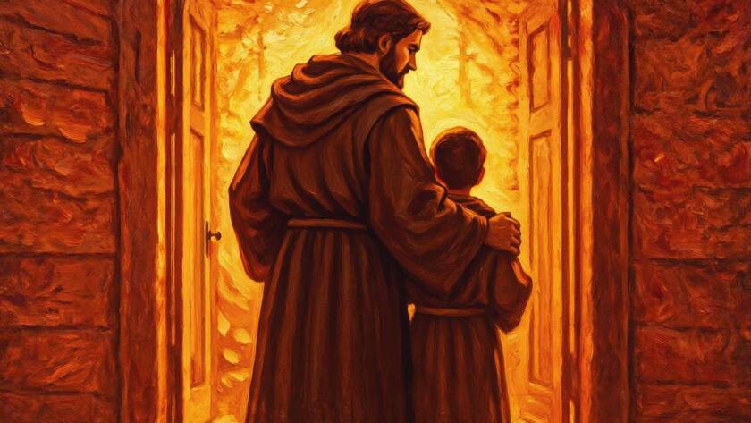 Painted illustration of a father embracing his child in warm golden light, a picture of our heavenly Father