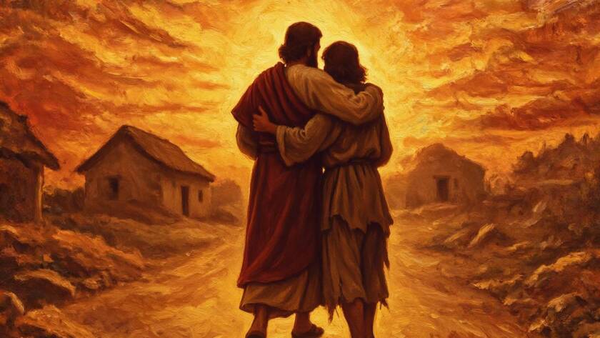 Painted illustration of a father embracing his returning son at sunset, picturing the heavenly father