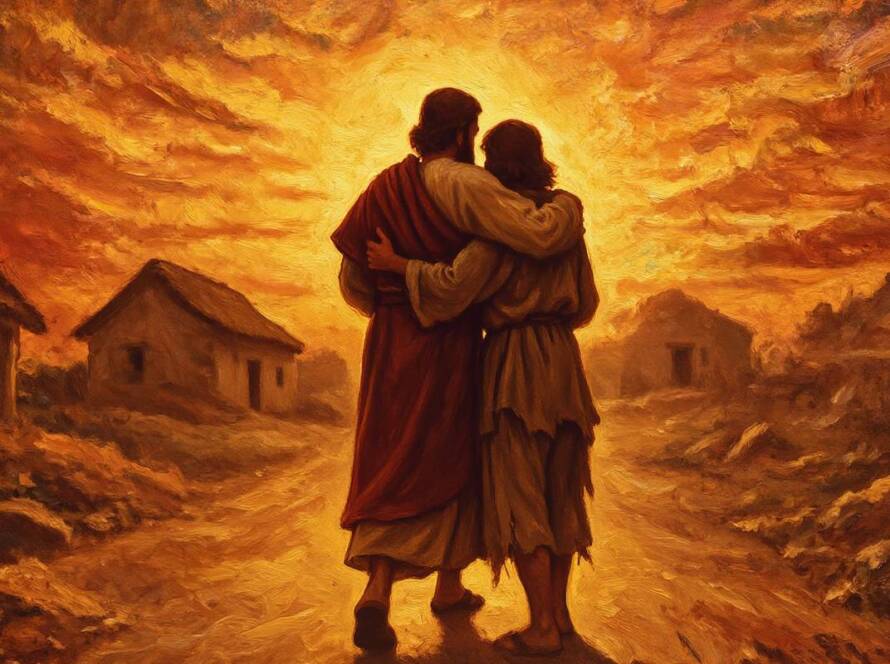 Painted illustration of a father embracing his returning son at sunset, picturing the heavenly father