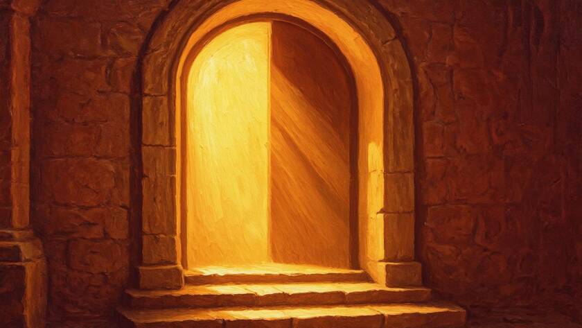 Painted illustration of an open heart-shaped doorway glowing with light for the our heavenly Father sermon