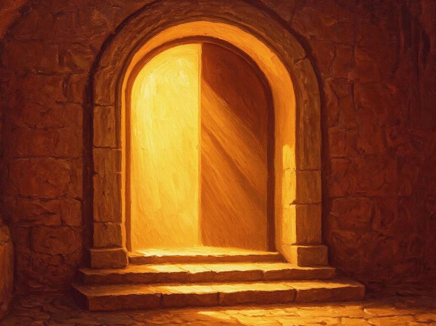 Painted illustration of an open heart-shaped doorway glowing with light for the our heavenly Father sermon