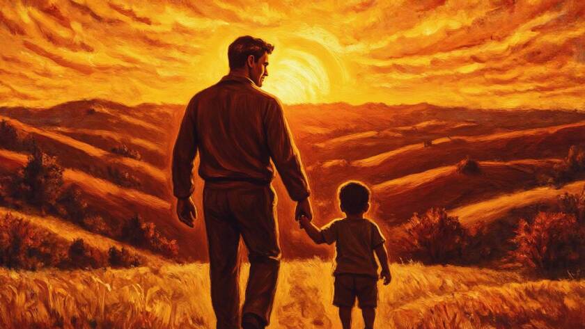 Painted illustration of a small child's hand held in a father's hand at sunrise, for the Our Heavenly Father sermon