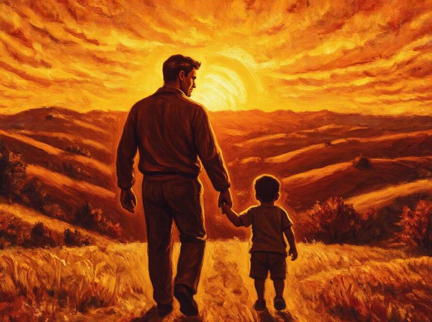 Painted illustration of a small child's hand held in a father's hand at sunrise, for the Our Heavenly Father sermon