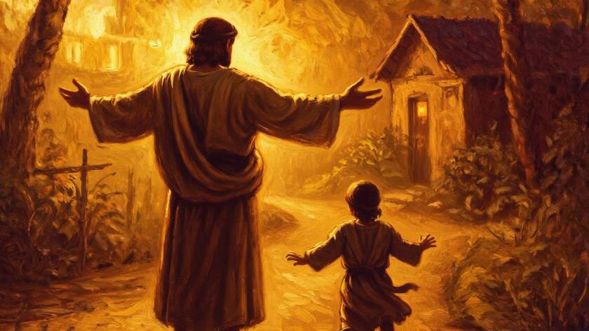 Painted illustration of a father's open arms welcoming a returning child, for the Our Heavenly Father sermon