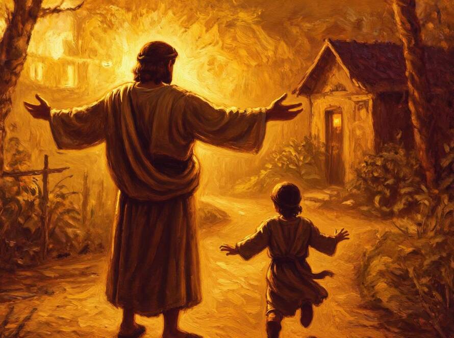 Painted illustration of a father's open arms welcoming a returning child, for the Our Heavenly Father sermon
