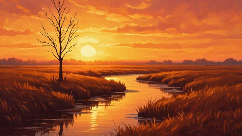Painted illustration of a sunrise breaking over a quiet field, symbolizing hope in Jesus